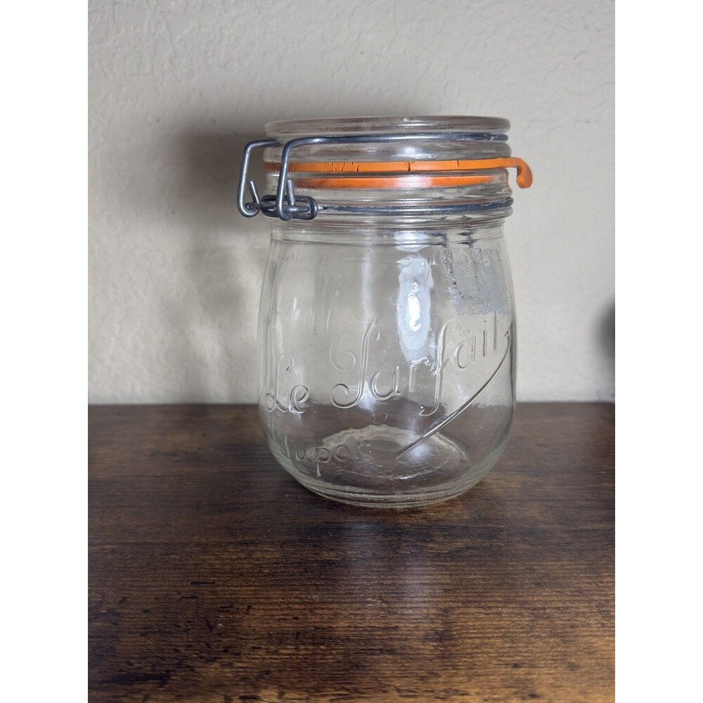 Le Parfait Super Vintage Glass Jar Clamp Lid France 7" Storage Canister 1 Liter